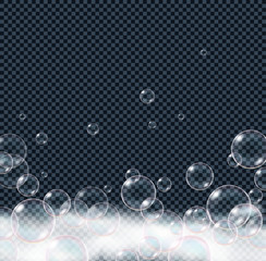 Realistic soap foam bubbles isolated on transparent background. 