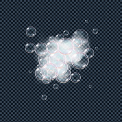 Soap foam bubbles isolated on transparent background. Realistic looking vector illustration.
