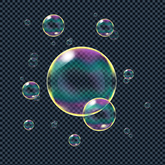 Realistic soap bubbles with rainbow reflection isolated on transparent background. 