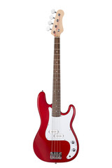 Red electric bass guitar isolated on white - obrazy, fototapety, plakaty