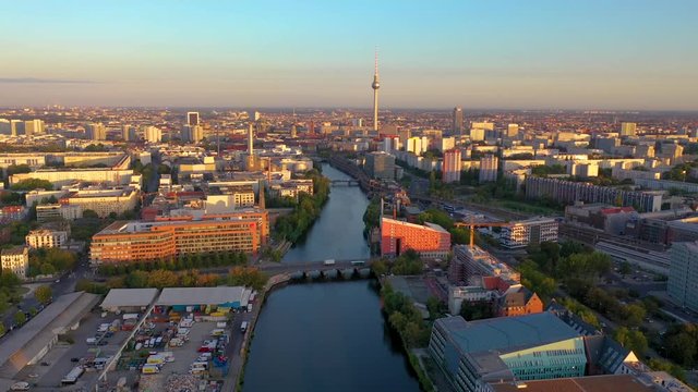 Berlin kreuzberg skyline aerial view of tv tower river and old town.