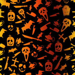 Halloween seamless pattern design for card, fabric or wrapping paper with traditional spooky symbols and hand lettering. illustration headstone and bat with happy Halloween wish with gradient