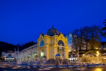 Main colonnade and singing fountain at night - center of Marianske Lazne (Marienbad) - great famous...