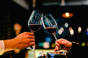 Young businessmen and women are drinking wine to celebrate the night of new business success...