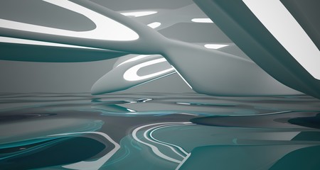 Abstract smooth architectural white interior with color gradient glass sculpture with water and  neon lighting. 3D illustration and rendering.
