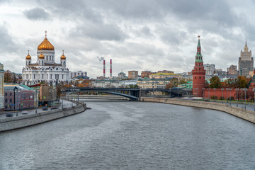  Moscow. Kremlin in the golden autumn. Embankment of the Moscow River at sunrise