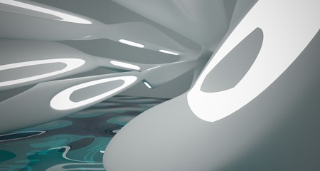 Abstract smooth architectural white interior with color gradient glass sculpture with water and  neon lighting. 3D illustration and rendering.