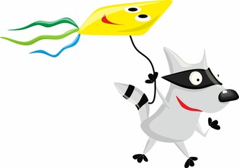 Fototapeta premium Funny raccoon runs with a kite. Illustration with raccoon on a white background.
