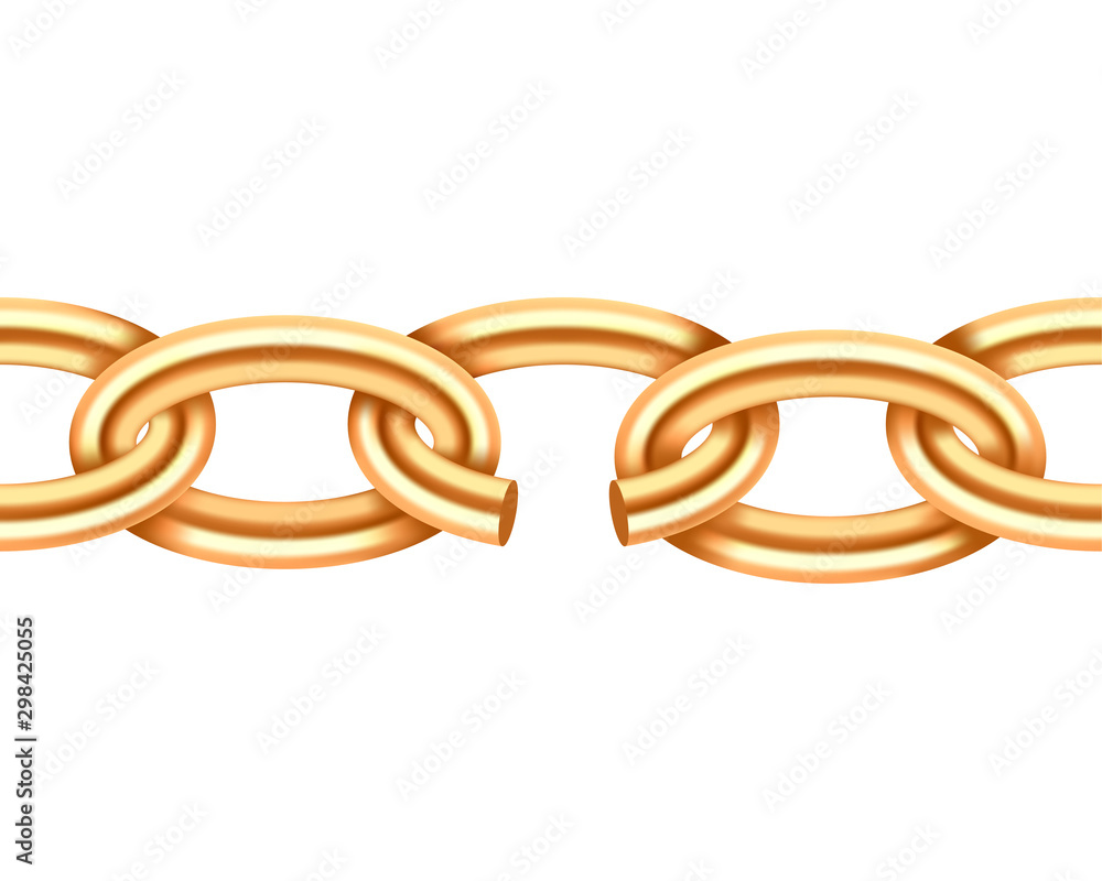 Poster realistic gold broken chain texture. yellow color demage chains link isolated on white background. t