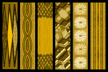 Moood board of African fabrics, yellow and brown colors 