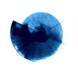 Indigo stroke in the form of a circle. The drawing was created by ink in the technique of...