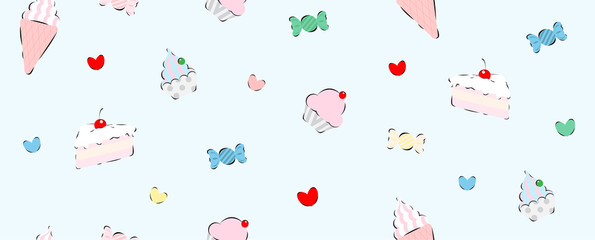 Piece of cake, soft cream and cup cake with candy isolate on light blue background. Cute dessert seamless wallpaper and gift warping in vector design.