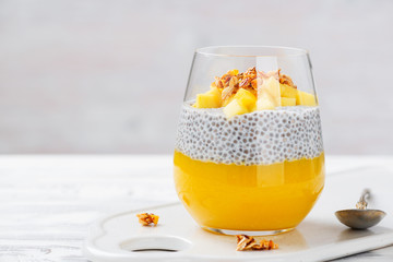 Vegan chia pudding with mango puree and granola in a glass .