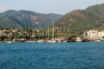 Marmaris coast, visible from the sea, selective focus