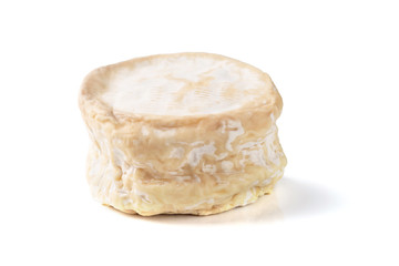 Head of tasty camembert cheese isolated on white