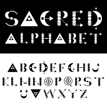 Sacred vector alphabet font. Geometric English letters. Moon phases and other symbols