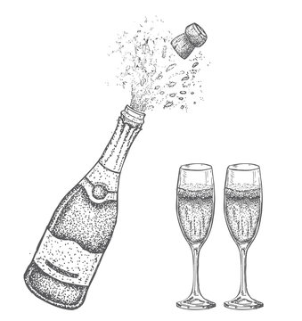 Vettoriale Stock Champagne glasses. Bottle of champagne. Vector  illustration of hand drawing. | Adobe Stock