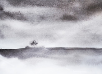 black and white drawing, watercolor landscape, storm, tree, lonely tree, field, sepia and monochrome landscape