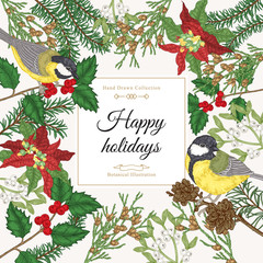 Christmas card with birds and trees. Hand drawn tits, spruce, holly, mistletoe, poinsettia. Vector illustration. Colorful engraving style.