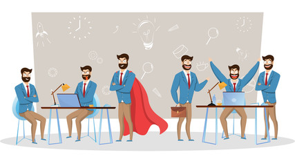 Set of businessman character in different expression on workplace background.