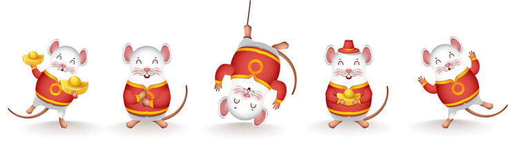 Collection of rat cartoon character holding chinese gold in different activity on white background.