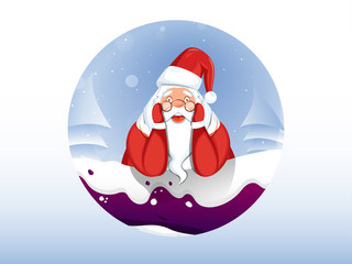 Cute santa claus character with paper cut xmas tree on snowfall background. Can be used as Christmas greeting card design.