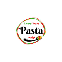 Italian pasta food restaurant logo with italian flag color green red white and doodling circle pasta vector with fork