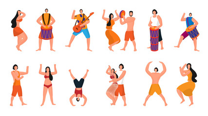 Set of male and female in different activity with music instruments.