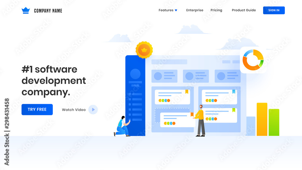 Poster landing page design with illustration of business men maintaining the website or analyst analysis da
