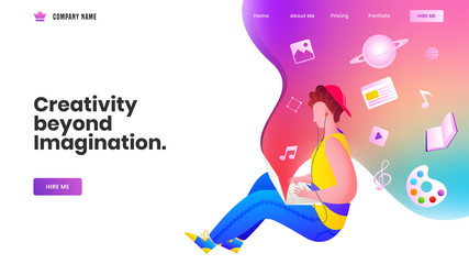 Web banner or landing page design with young boy beyond imagination listen music with open different website app in laptop on abstract background.