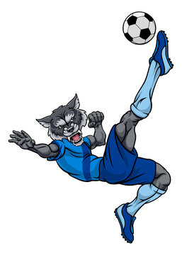 A wolf soccer football player cartoon animal sports mascot kicking the ball