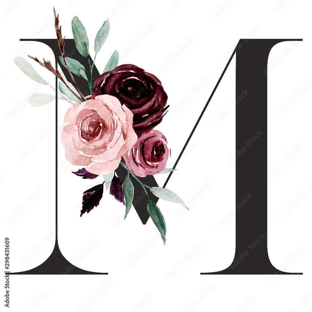 Canvas Prints alphabet, letter m with watercolor flowers and leaf. floral monogram initials perfectly for wedding  - Canvas Prints
