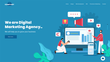 Businessmen working on digital marketing agency app in computer and smartphone. Can be used as web banner or landing page design.