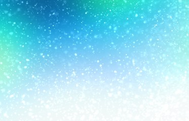 Transparent snow pattern on bright blue cyan gradient. Winter cool background. Abstract blurred texture.