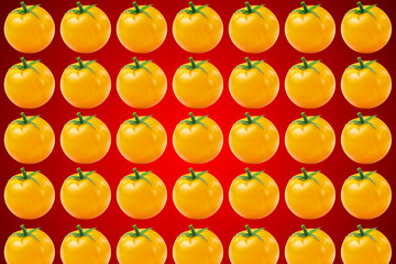 Vegetable pattern of yellow tomatoes on red background.