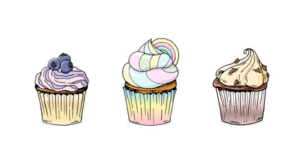 A collection of three cupcakes in hand drawn style. Blueberry, rainbow and coffe and chocolate chips cupcakes. Set of doodle style cupcakes. Eps 10 vector illustration.