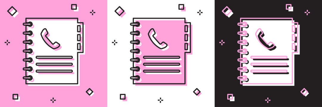 Set Phone book icon isolated on pink and white, black background. Address book. Telephone directory. Vector Illustration