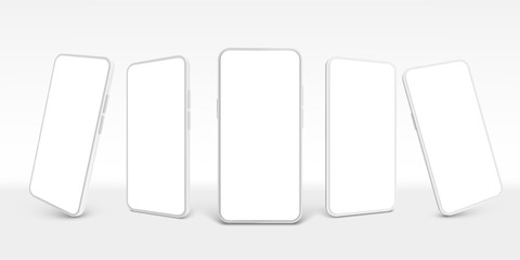 White smartphone mockup. Mobile phone, empty smartphones and modern frameless smartphone device screen realistic 3D vector template set. Cellular phone new model cliparts collection