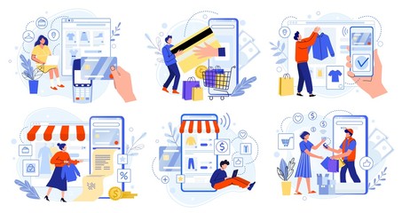 Online store payment. Bank credit cards, secure online payments and financial bill. Smartphone wallets, digital pay technology and modern retail flat vector illustration set. E-paying