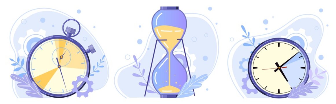 Clock, hourglass and stopwatch. Watch hours, timer countdown and sandglass flat vector illustration set. Time control concept. Sport and home timekeepers. Retro timepiece types pack