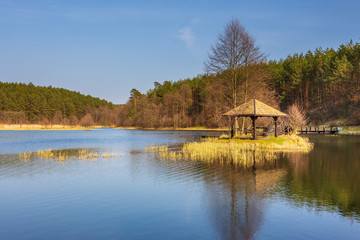 Small lake surrounded by forest, Dywan, Poland. - obrazy, fototapety, plakaty