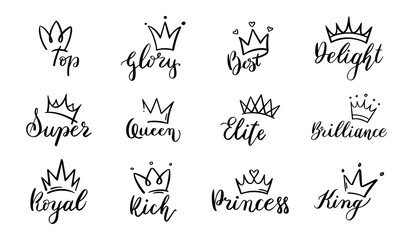 Doodle crowns lettering. Crown with text elements, sketch, majestic tiara logo vector set. symbol of royal power with beautiful calligraphy pack with. Hand drawn line art diadem illustrations - obrazy, fototapety, plakaty