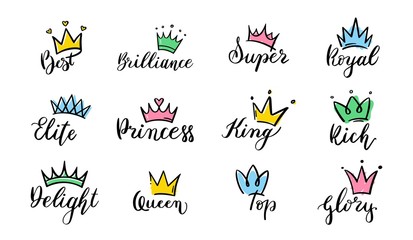 Crown hand drawn lettering. Queen crown icons, calligraphy tiara and colorful diadem vector illustration set. Symbols of royal power pack. Diadem and luxurious decals isolated on white background © WinWin