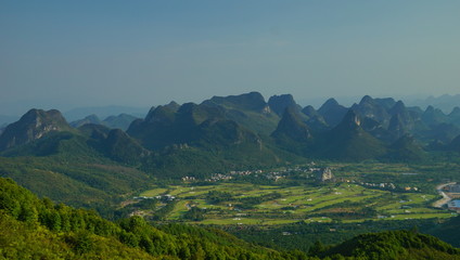 Fototapeta premium The veiw of earth surface relief of karst topography in Guilin from Yaou mountain
