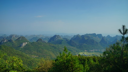Fototapeta na wymiar The veiw of earth surface relief of karst topography in Guilin from Yaou mountain