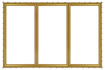 Triple golden frame (triptych) for paintings, mirrors or photos isolated on white background
