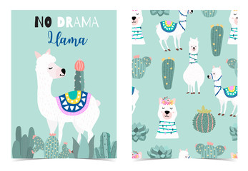 Collection of animal background set with llama,cactus,green.Editable vector illustration for birthday invitation,postcard and sticker.Wording include llama not drama © piixypeach
