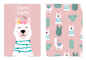 Collection of animal background set with llama,cactus,pink.Editable vector illustration for birthday invitation,postcard and sticker.Wording include llama not drama © piixypeach