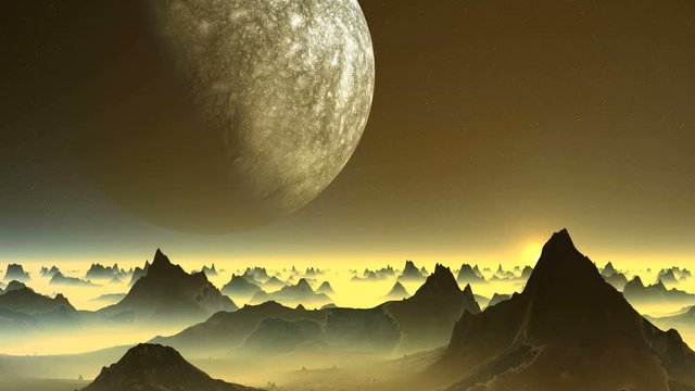 Alien Planet and Sunrise. Dark cliffs stand in the midst of thick yellow fog. Above the horizon huge planet (moon).  The bright sun rises slowly.
