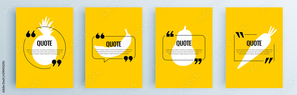 Poster quote frames blank templates set. text in brackets, citation empty speech bubbles, quote bubbles. te